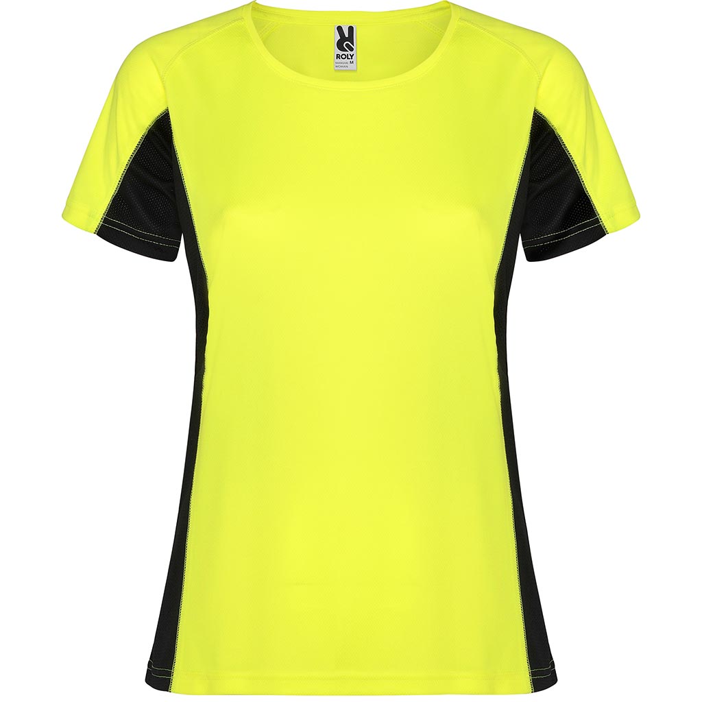Camiseta técnica combinada dos tejidos shanghai colores amarillo fluor y plomo oscuro