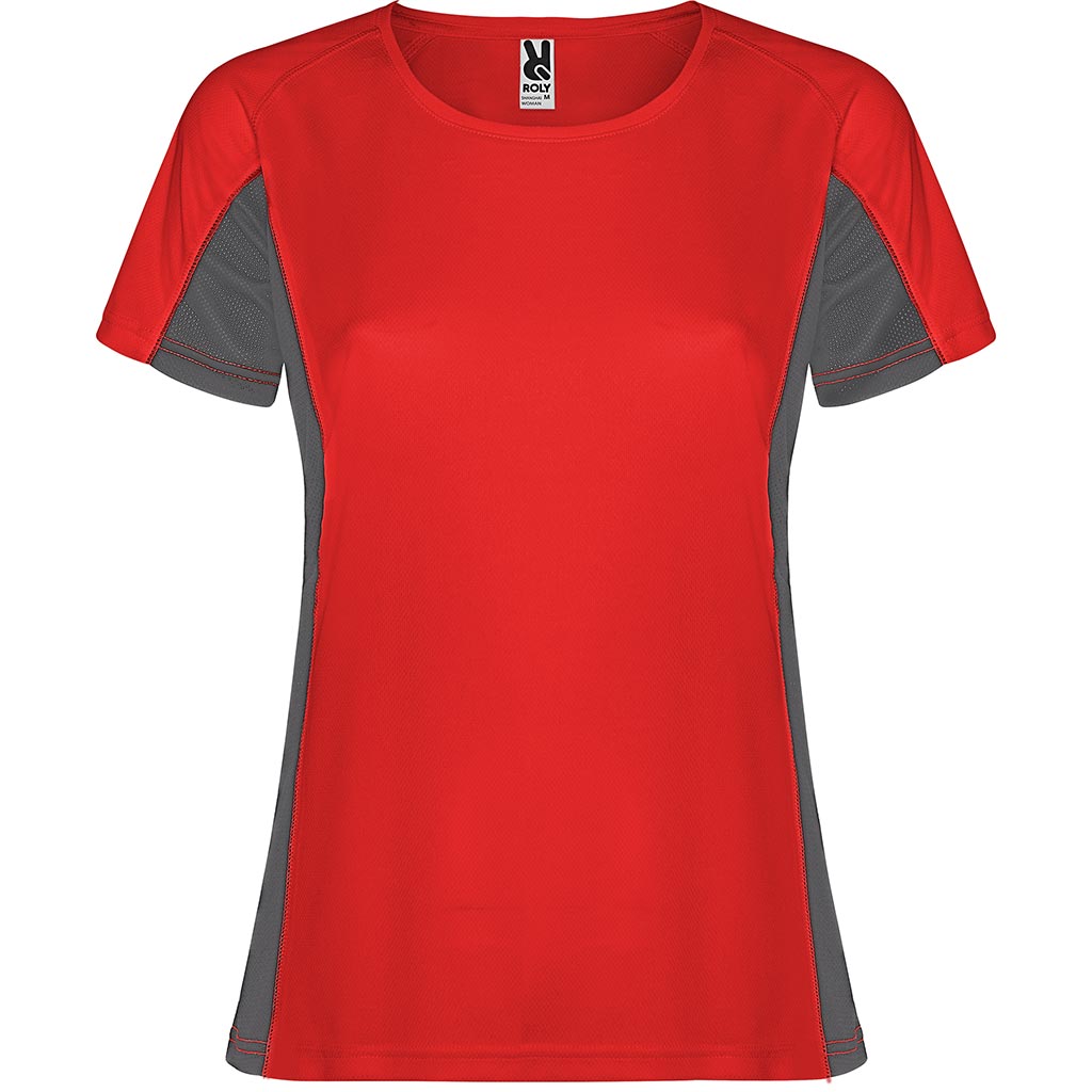 Camiseta técnica combinada dos tejidos shanghai colores rojo y plomo oscuro