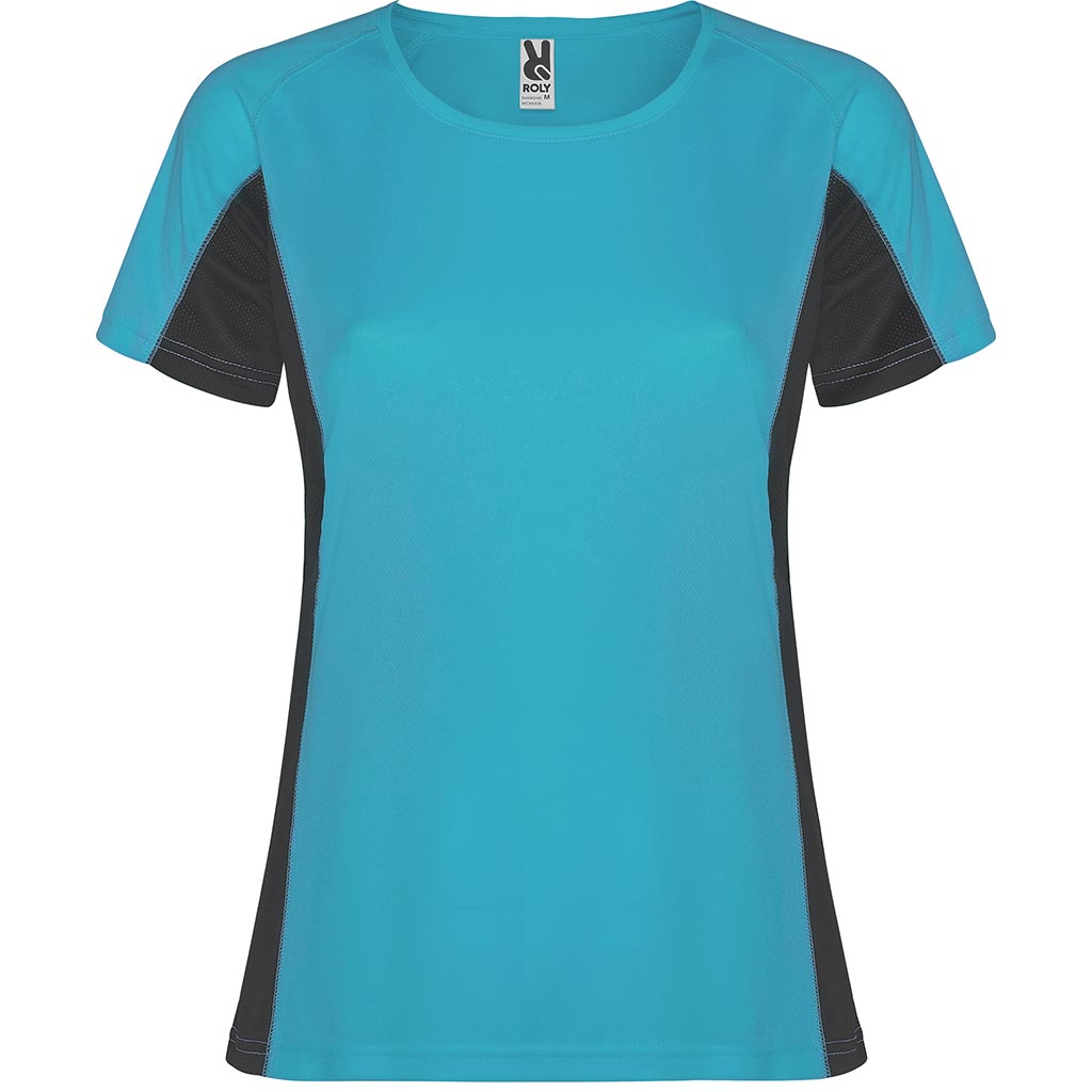 Camiseta técnica combinada dos tejidos shanghai colores azul turquesa y plomo oscuro