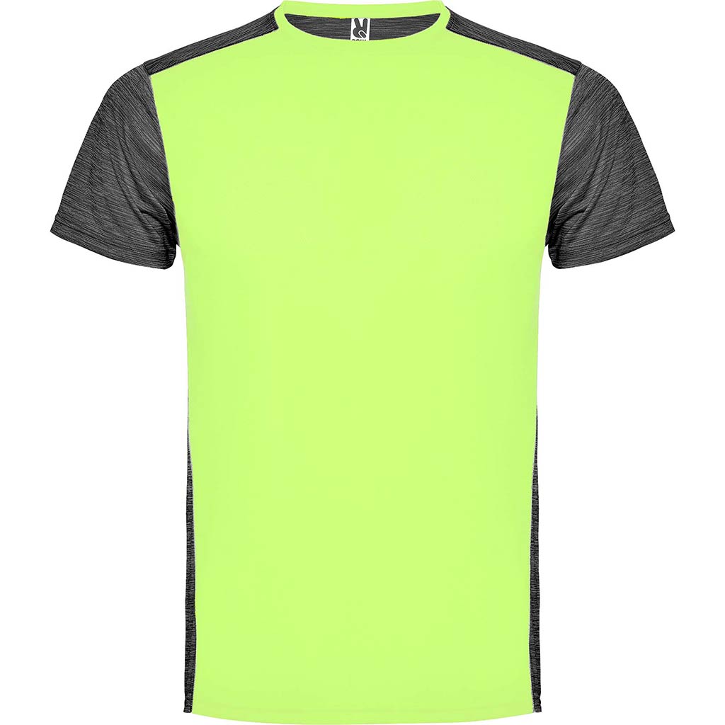 Camiseta técnica combinada dos tejidos zolder colores amarillo fluor y negro vigore
