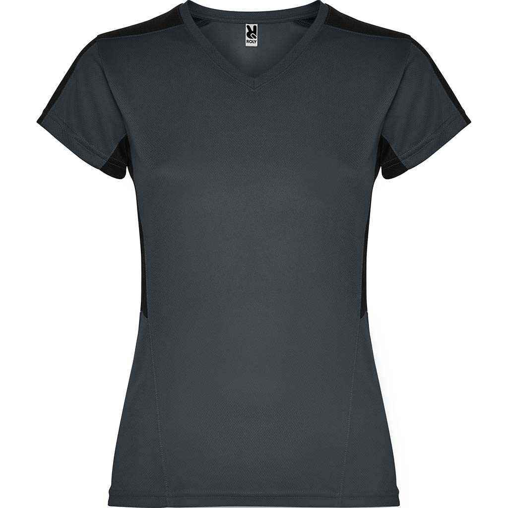 Camiseta técnica cuello pico combinada mujer suzuka colores ebano y negro