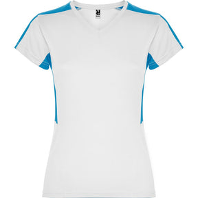 Camiseta técnica cuello pico combinada mujer suzuka colores blanco y azul turquesa
