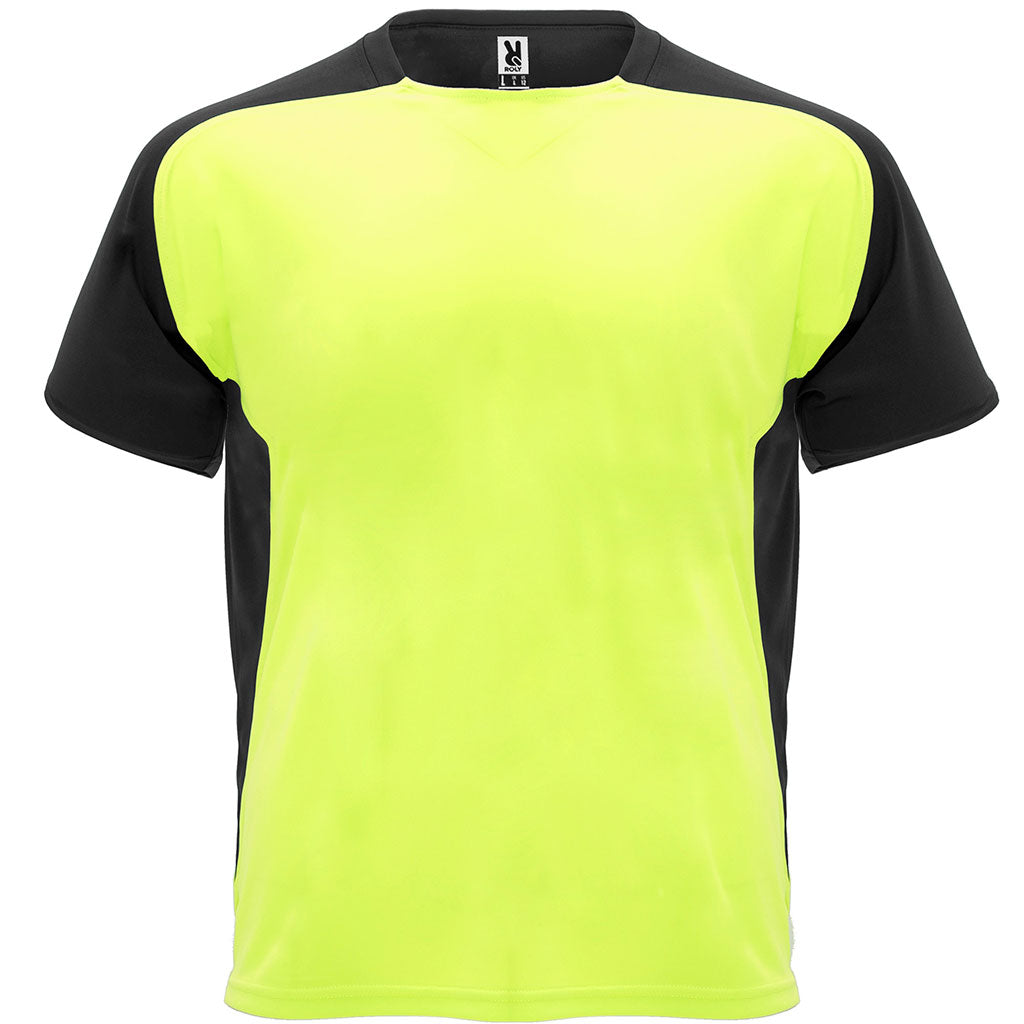Camiseta técnica raglan combinada bugatti colores amarillo fluor y negro